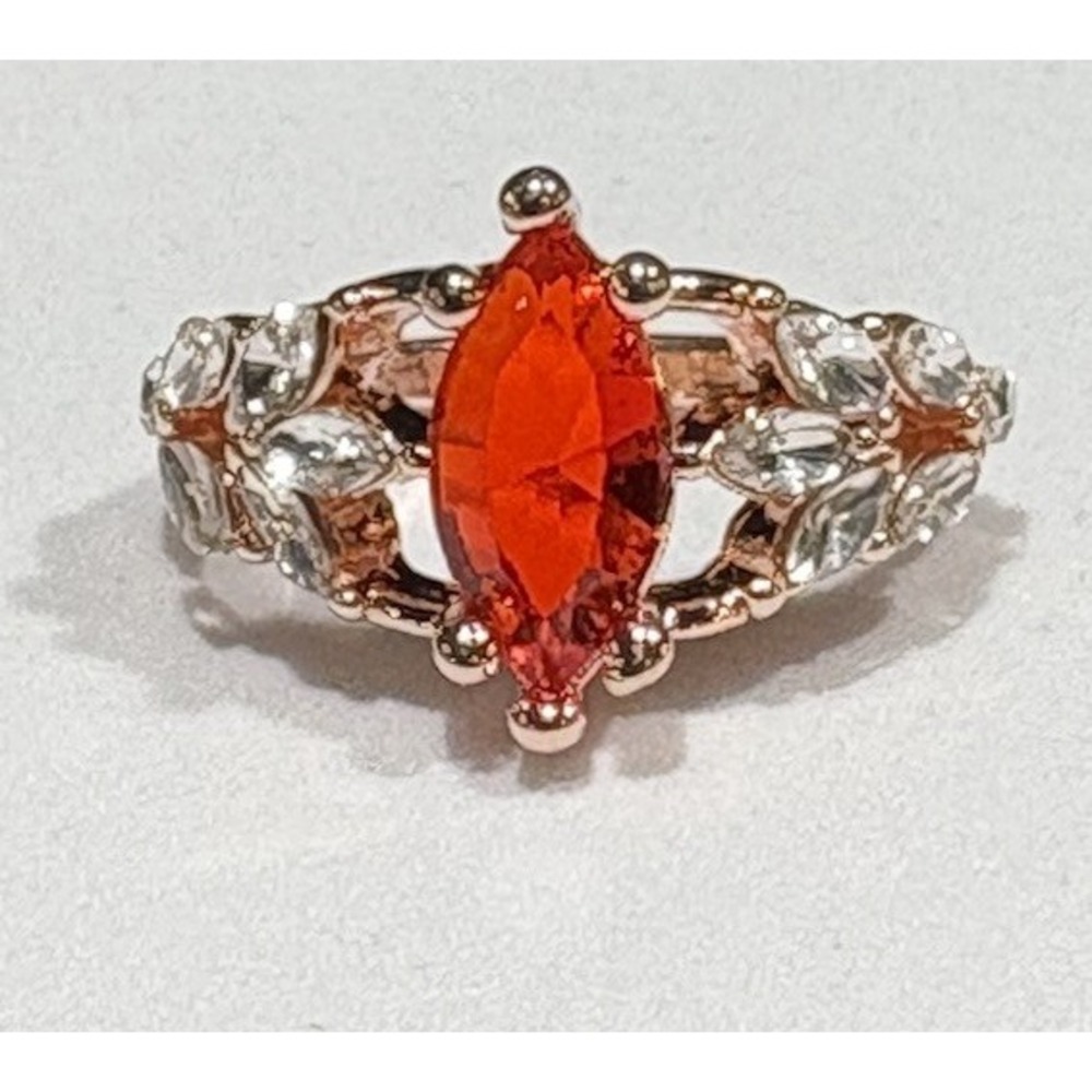 Rose Gold Tone Faux Garnet Cubic Zirconia Marquise Leaf Cocktail Ring 7.25